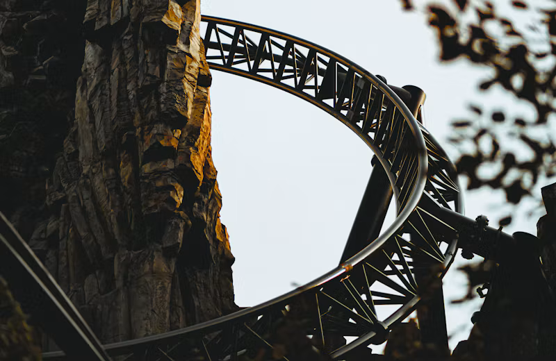 Coaster track looping round the rock towers at Phantasialand, Brühl
